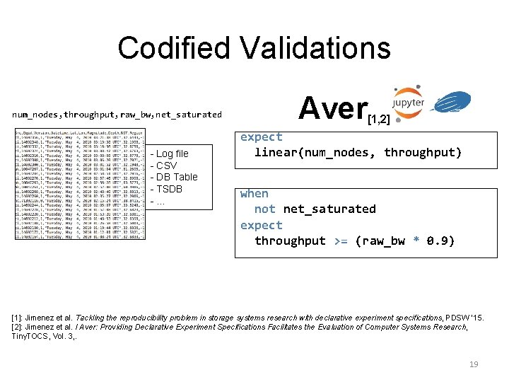 Codified Validations num_nodes, throughput, raw_bw, net_saturated - Log file - CSV - DB Table