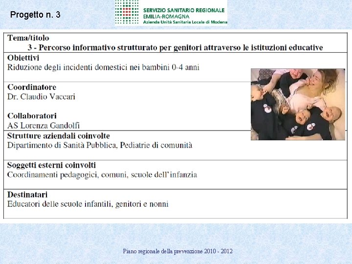 Progetto n. 3 Piano regionale della prevenzione 2010 - 2012 
