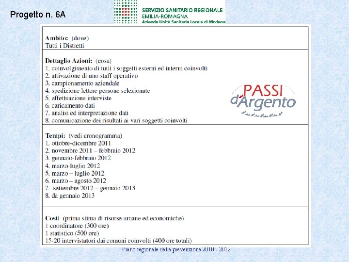 Progetto n. 6 A Piano regionale della prevenzione 2010 - 2012 