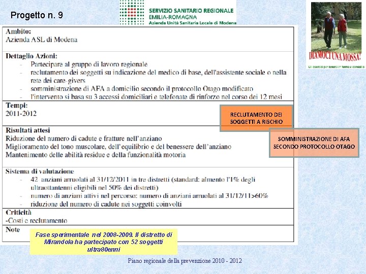 Progetto n. 9 RECLUTAMENTO DEI SOGGETTI A RISCHIO SOMMINISTRAZIONE DI AFA SECONDO PROTOCOLLO OTAGO
