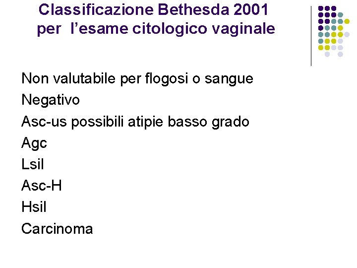 Classificazione Bethesda 2001 per l’esame citologico vaginale Non valutabile per flogosi o sangue Negativo