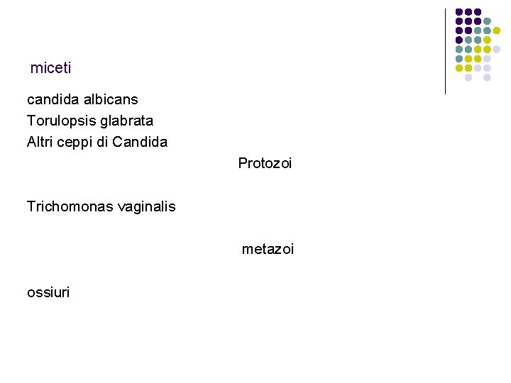 miceti candida albicans Torulopsis glabrata Altri ceppi di Candida Protozoi Trichomonas vaginalis metazoi ossiuri