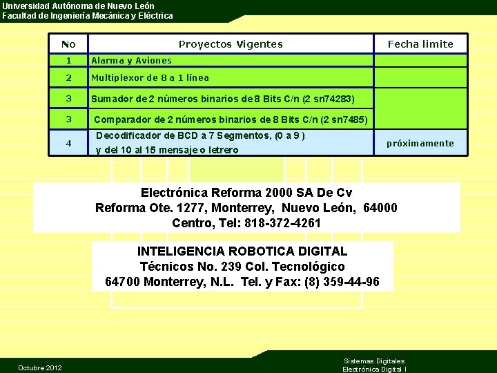 Universidad Autónoma de Nuevo León Facultad de Ingeniería Mecánica y Eléctrica No Proyectos Vigentes