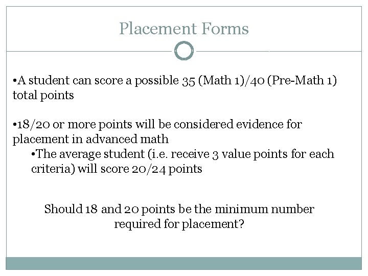 Placement Forms • A student can score a possible 35 (Math 1)/40 (Pre-Math 1)