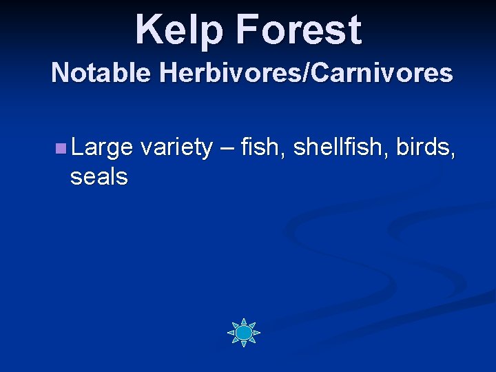 Kelp Forest Notable Herbivores/Carnivores n Large seals variety – fish, shellfish, birds, 