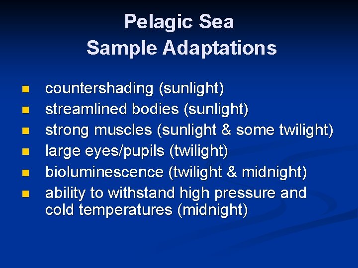 Pelagic Sea Sample Adaptations n n n countershading (sunlight) streamlined bodies (sunlight) strong muscles