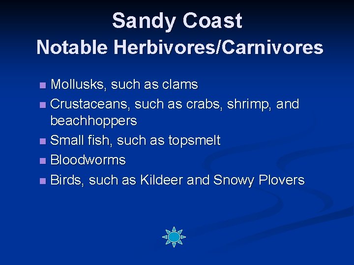 Sandy Coast Notable Herbivores/Carnivores Mollusks, such as clams n Crustaceans, such as crabs, shrimp,