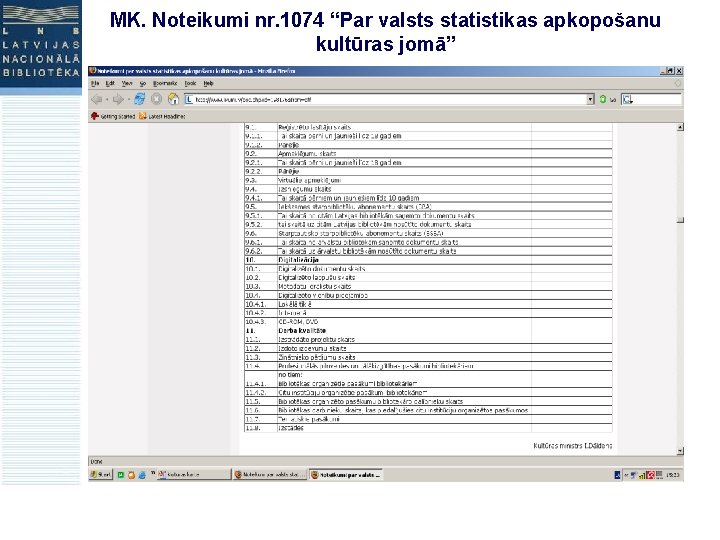 MK. Noteikumi nr. 1074 “Par valsts statistikas apkopošanu kultūras jomā” 