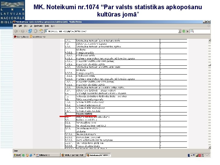 MK. Noteikumi nr. 1074 “Par valsts statistikas apkopošanu kultūras jomā” 