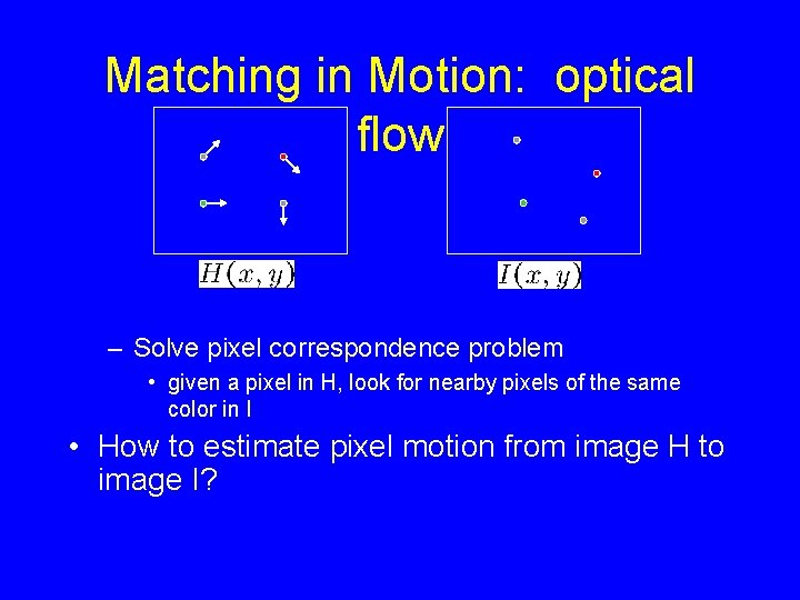 Matching in Motion: optical flow – Solve pixel correspondence problem • given a pixel Matching in Motion: optical flow – Solve pixel correspondence problem • given a pixel