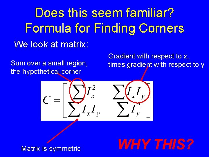 Does this seem familiar? Formula for Finding Corners We look at matrix: Sum over Does this seem familiar? Formula for Finding Corners We look at matrix: Sum over