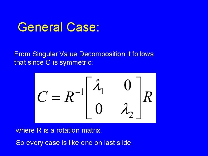 General Case: From Singular Value Decomposition it follows that since C is symmetric: where General Case: From Singular Value Decomposition it follows that since C is symmetric: where