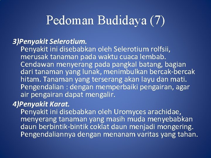 Pedoman Budidaya (7) 3)Penyakit Selerotium. Penyakit ini disebabkan oleh Selerotium rolfsii, merusak tanaman pada