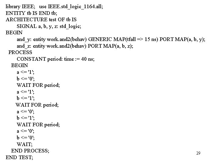 library IEEE; use IEEE. std_logic_1164. all; ENTITY tb IS END tb; ARCHITECTURE test OF