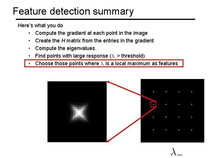 Feature detection summary Here’s what you do • Compute the gradient at each point
