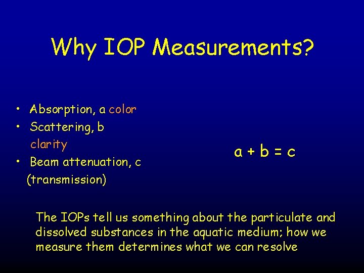 Why IOP Measurements? • Absorption, a color • Scattering, b clarity • Beam attenuation,