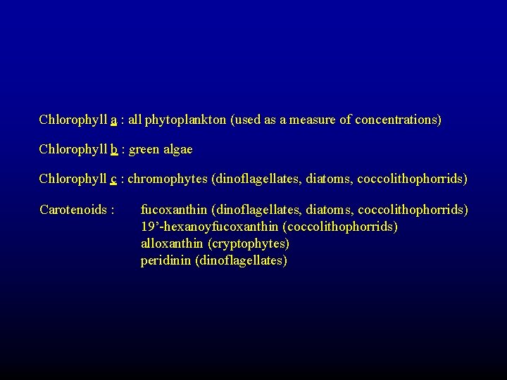 Chlorophyll a : all phytoplankton (used as a measure of concentrations) Chlorophyll b :