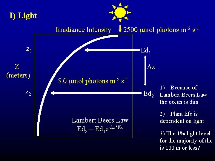 I) Light Irradiance Intensity 2500 mmol photons m-2 s-1 z 1 Z (meters) Ed