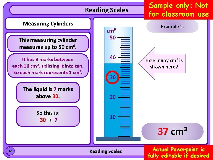 Reading Scales Measuring Cylinders This measuring cylinder measures up to 50 cm³. It has