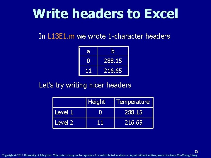 Write headers to Excel In L 13 E 1. m we wrote 1 -character