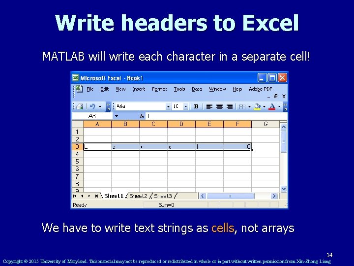 Write headers to Excel MATLAB will write each character in a separate cell! We