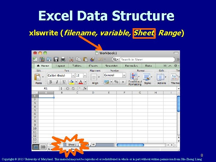 Excel Data Structure xlswrite (filename, variable, Sheet, Range) 8 Copyright © 2015 University of