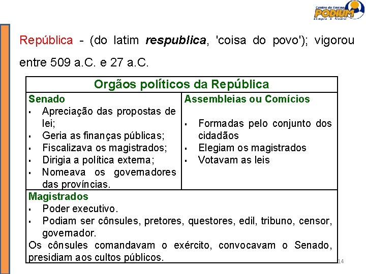 República - (do latim respublica, 'coisa do povo'); vigorou entre 509 a. C. e