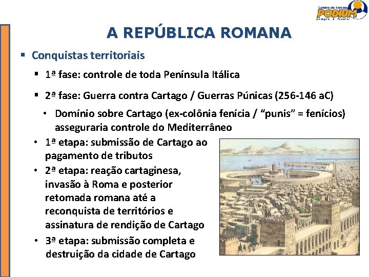 A REPÚBLICA ROMANA Conquistas territoriais 1ª fase: controle de toda Península Itálica 2ª fase: