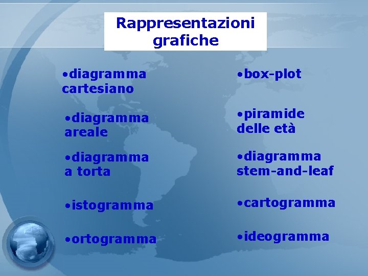 Rappresentazioni grafiche • diagramma cartesiano • box-plot • diagramma areale • piramide delle età