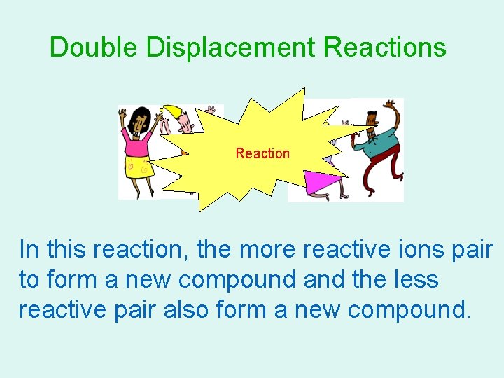 Double Displacement Reactions Reaction In this reaction, the more reactive ions pair to form Double Displacement Reactions Reaction In this reaction, the more reactive ions pair to form