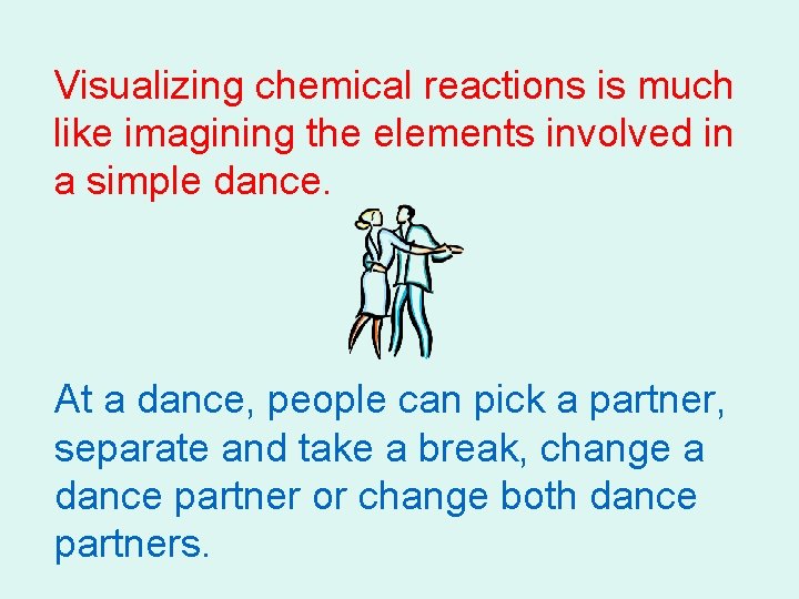 Visualizing chemical reactions is much like imagining the elements involved in a simple dance. Visualizing chemical reactions is much like imagining the elements involved in a simple dance.