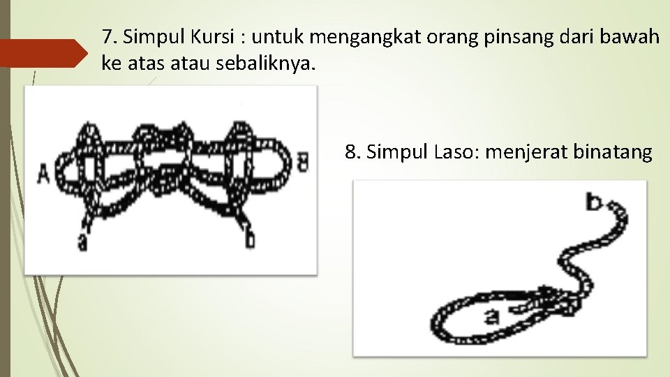 7. Simpul Kursi : untuk mengangkat orang pinsang dari bawah ke atas atau sebaliknya.