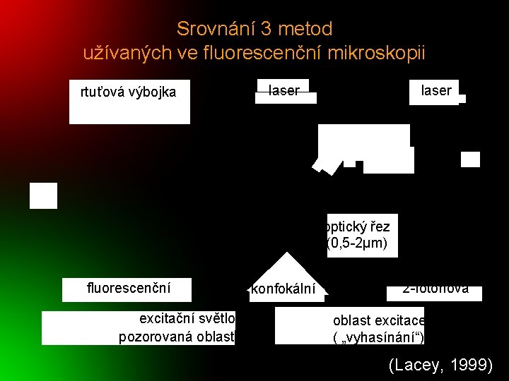 Srovnání 3 metod užívaných ve fluorescenční mikroskopii rtuťová výbojka laser optický řez (0, 5