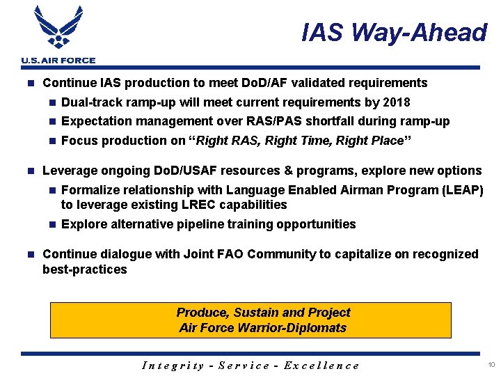 IAS Way-Ahead n n n Continue IAS production to meet Do. D/AF validated requirements