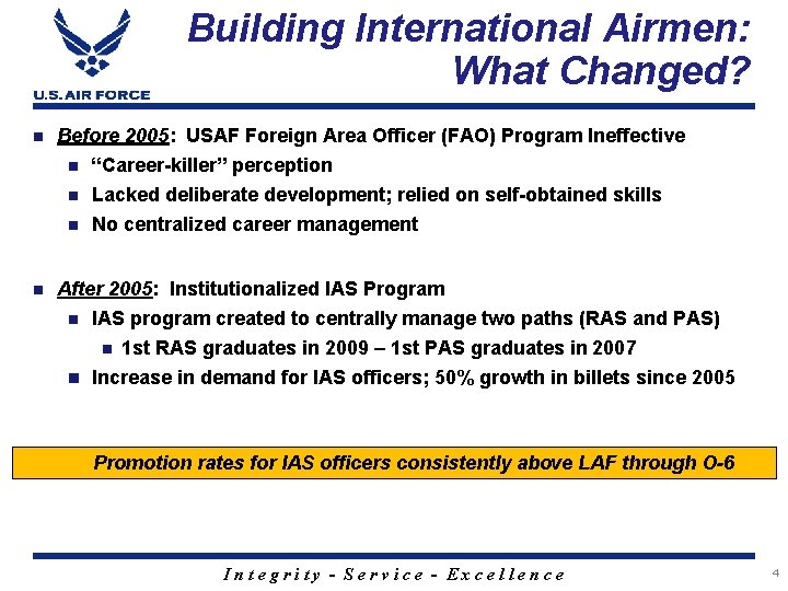 Building International Airmen: What Changed? n Before 2005: USAF Foreign Area Officer (FAO) Program