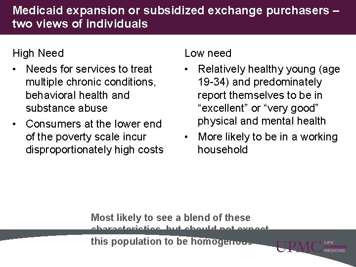 Medicaid expansion or subsidized exchange purchasers – two views of individuals High Need •