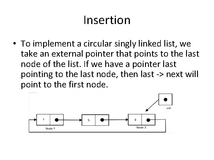 Insertion • To implement a circular singly linked list, we take an external pointer
