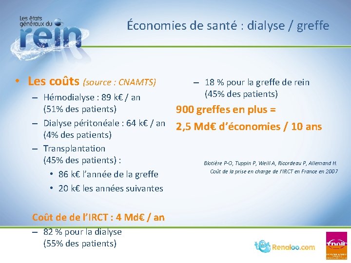 Économies de santé : dialyse / greffe • Les coûts (source : CNAMTS) – Économies de santé : dialyse / greffe • Les coûts (source : CNAMTS) –