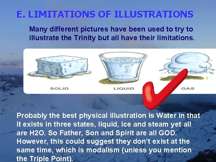 E. LIMITATIONS OF ILLUSTRATIONS Many different pictures have been used to try to illustrate