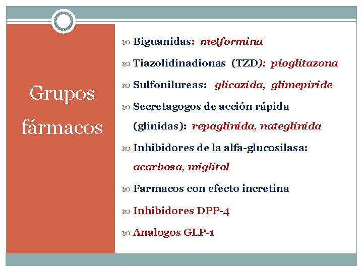  Biguanidas: metformina Tiazolidinadionas (TZD): pioglitazona Grupos fármacos Sulfonilureas: glicazida, glimepiride Secretagogos de acción