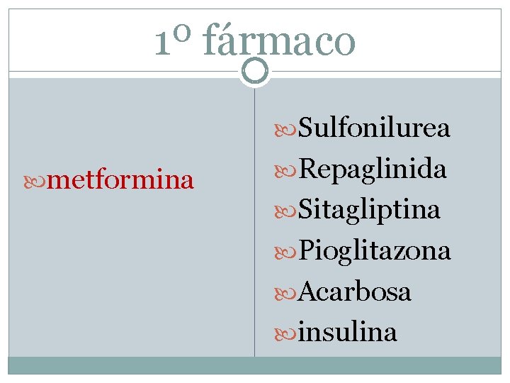 1º fármaco Sulfonilurea metformina Repaglinida Sitagliptina Pioglitazona Acarbosa insulina 