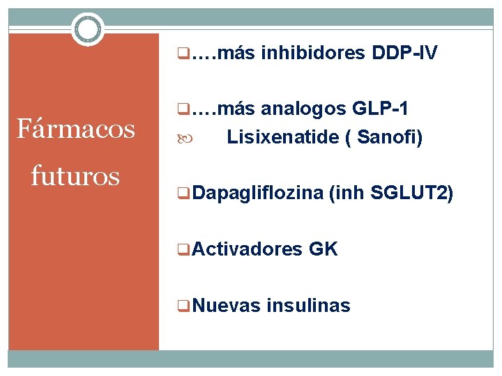 q…. más inhibidores DDP-IV Fármacos futuros q…. más analogos GLP-1 Lisixenatide ( Sanofi) q.