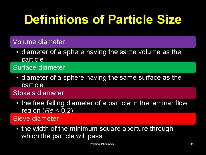 Definitions of Particle Size Volume diameter • diameter of a sphere having the same
