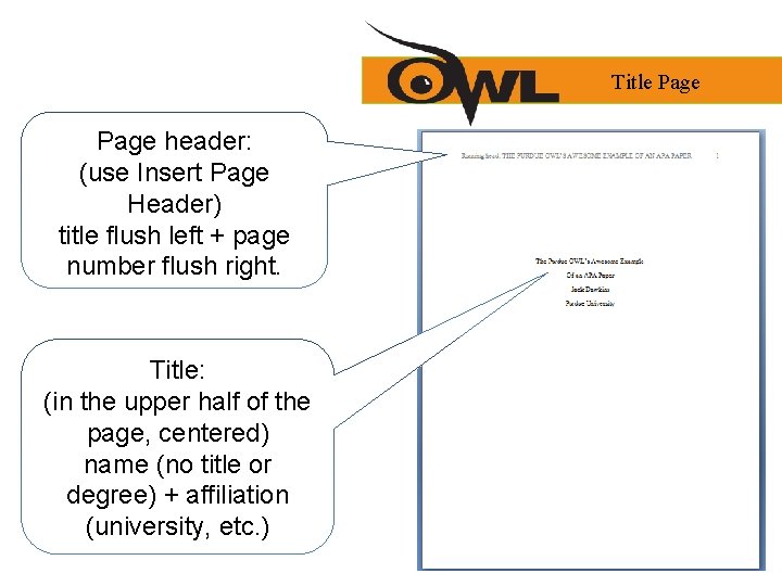 Title Page header: (use Insert Page Header) title flush left + page number flush