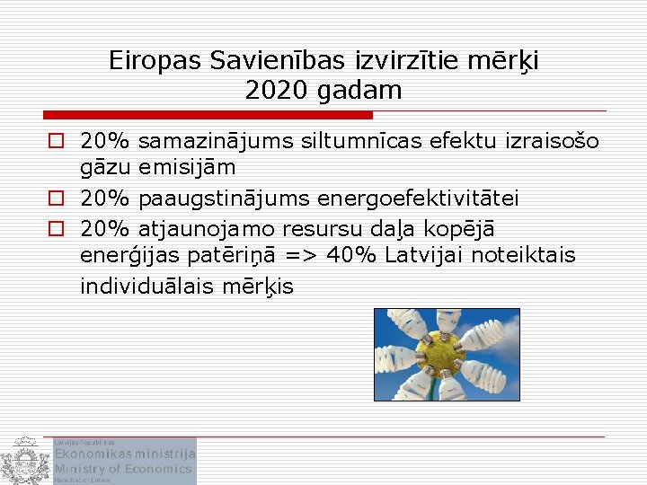 Eiropas Savienības izvirzītie mērķi 2020 gadam o 20% samazinājums siltumnīcas efektu izraisošo gāzu emisijām