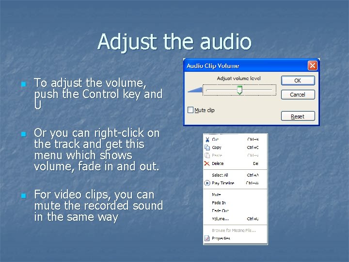 Adjust the audio n n n To adjust the volume, push the Control key