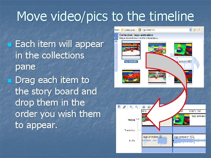Move video/pics to the timeline n n Each item will appear in the collections