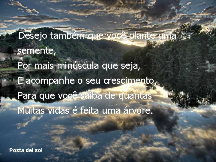Desejo também que você plante uma semente, Por mais minúscula que seja, E acompanhe Desejo também que você plante uma semente, Por mais minúscula que seja, E acompanhe