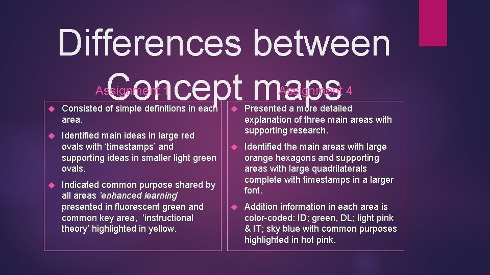 Differences between Concept maps Assignment 1 Consisted of simple definitions in each area. Identified