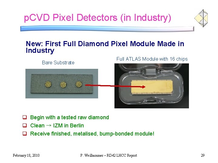 p. CVD Pixel Detectors (in Industry) New: First Full Diamond Pixel Module Made in